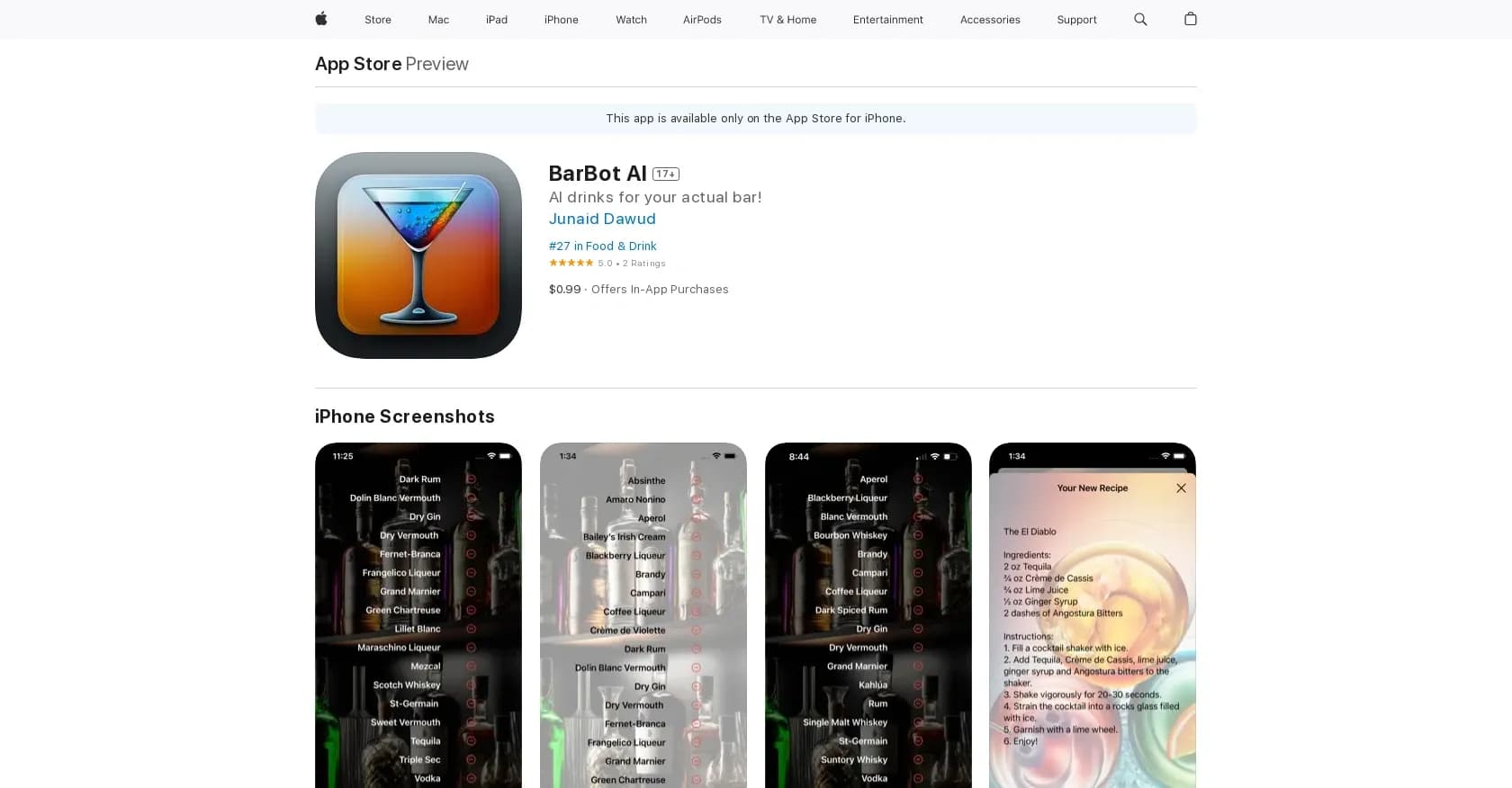 BarBot AI homepage screenshot — Generated cocktails based on ingredients.
