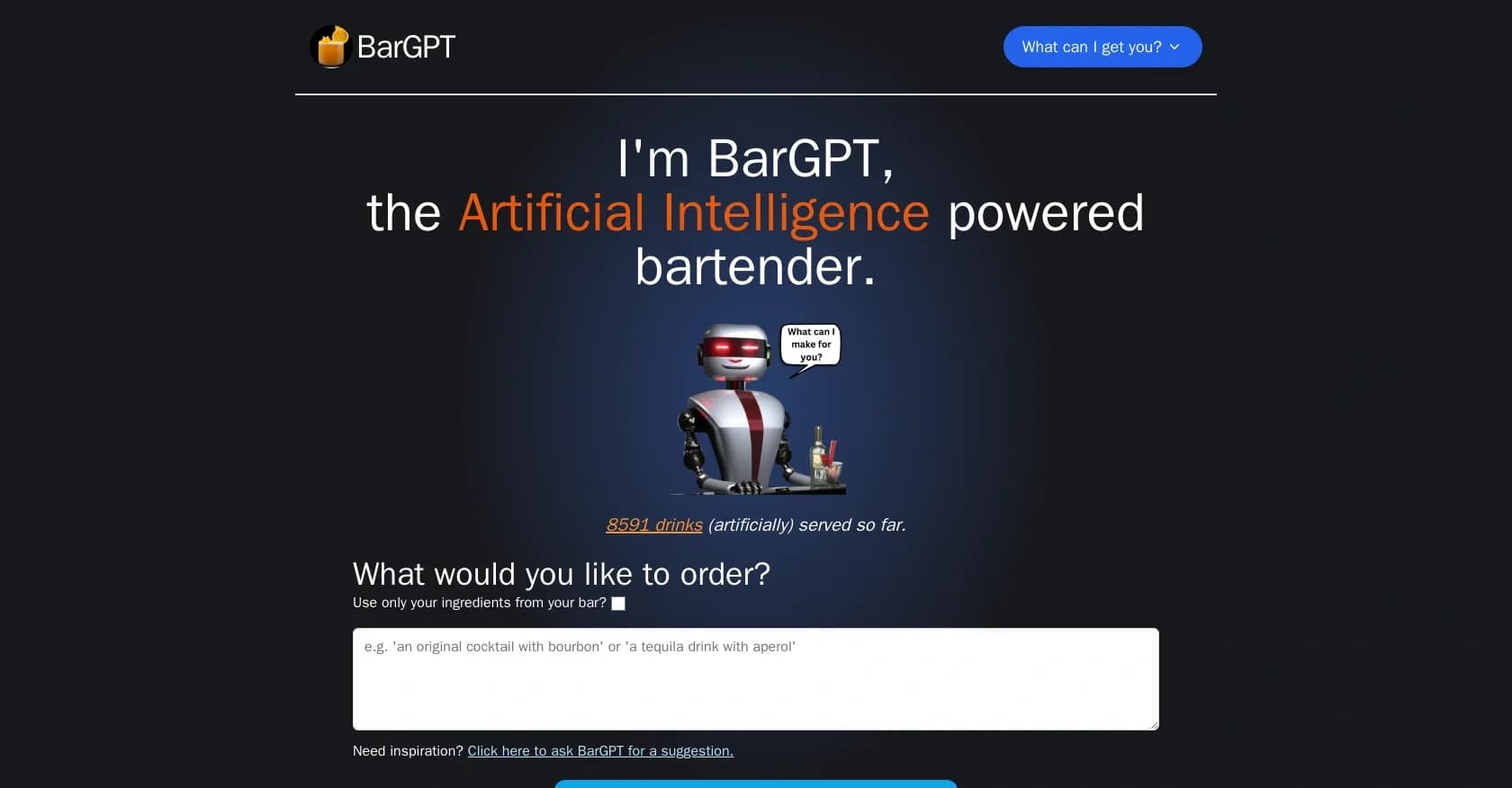 BarGPT homepage screenshot — AI bartender creating unique cocktails