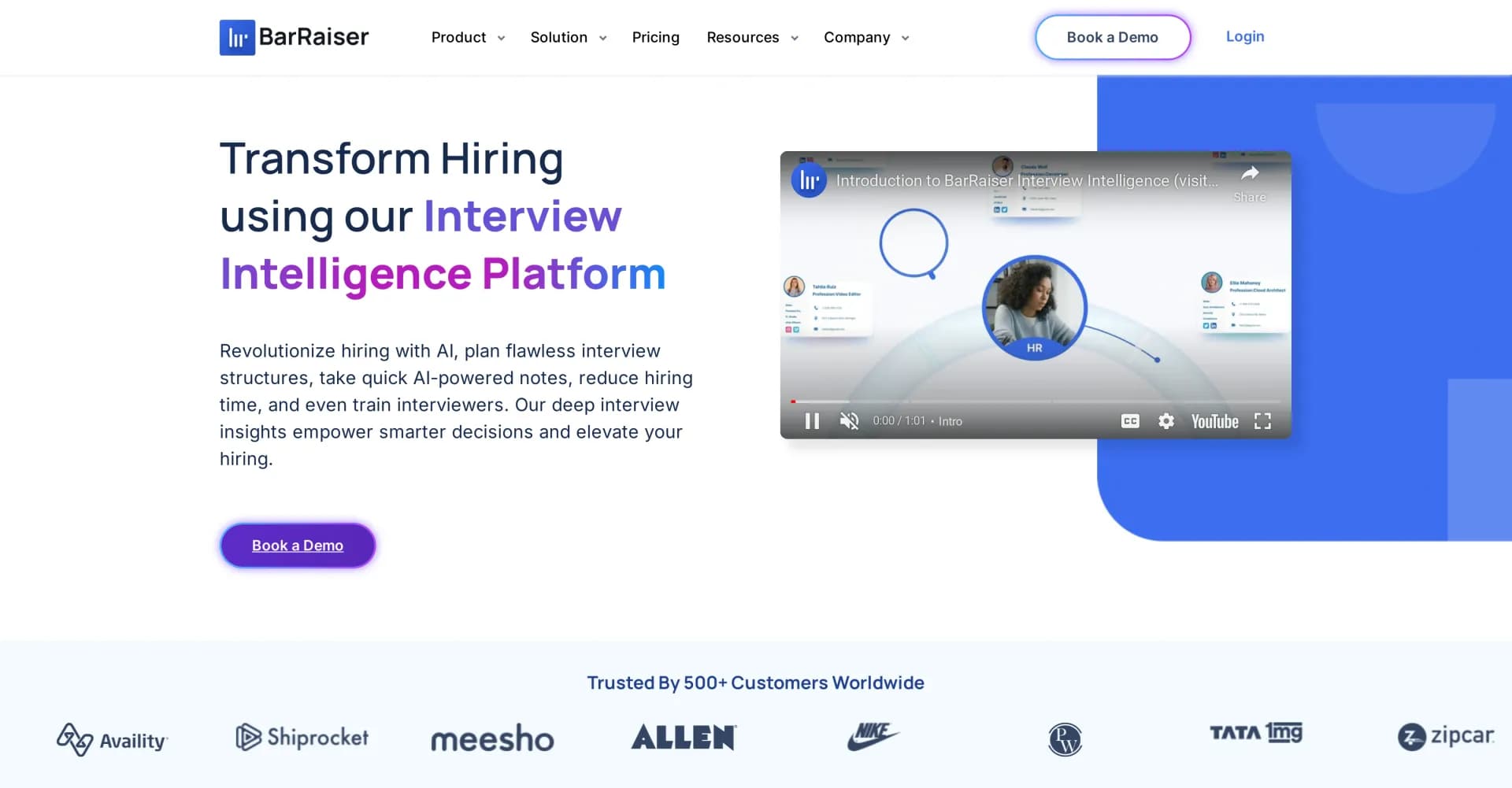 BarRaiser homepage screenshot — AI-powered interviews for smarter hiring decisions.