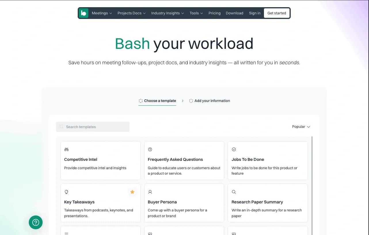 Bash AI homepage screenshot — Bash your workload. Meeting follow-ups, project docs, and in
