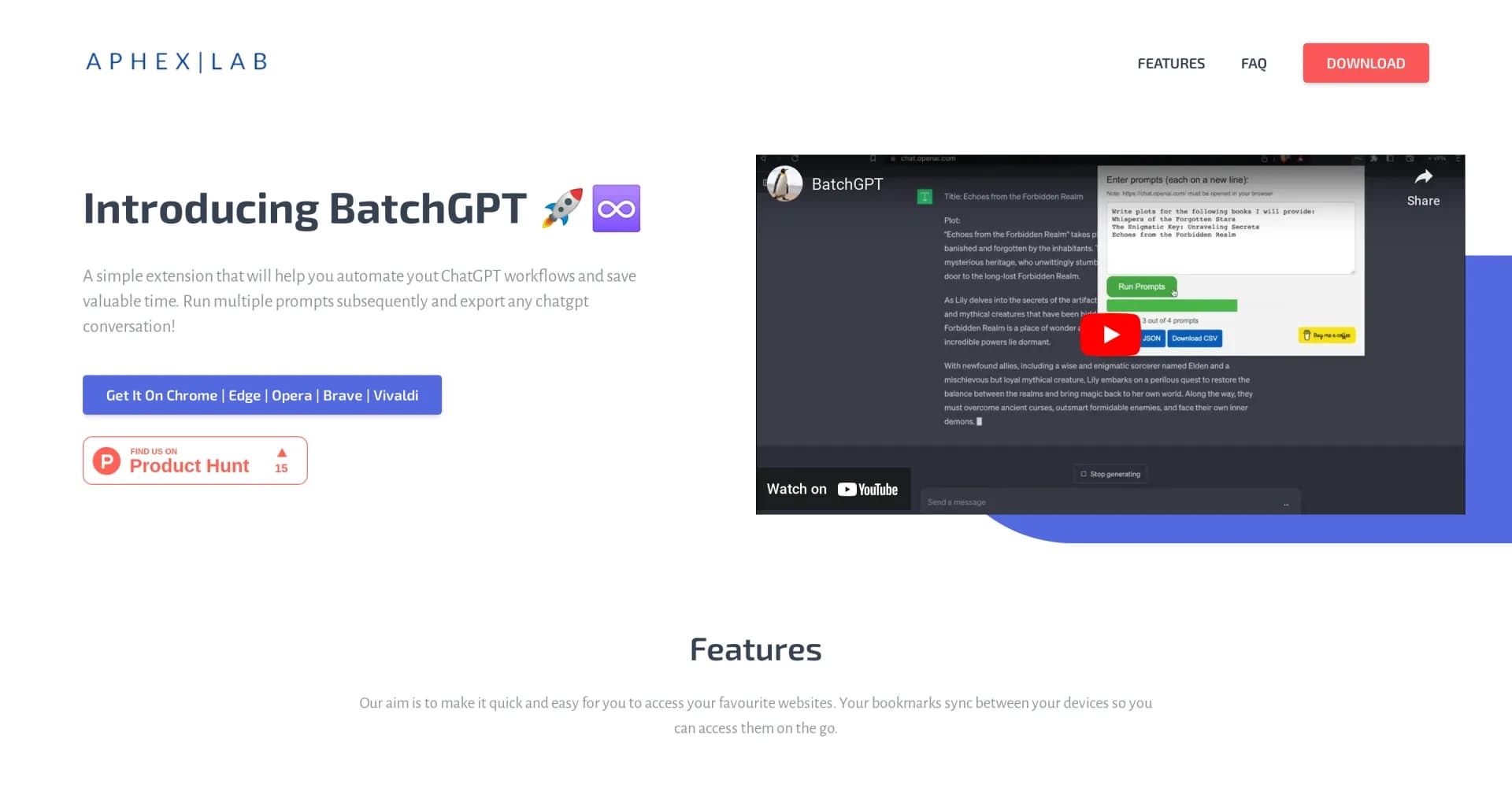 BatchGPT homepage screenshot — Automate Your ChatGPT Workflows
