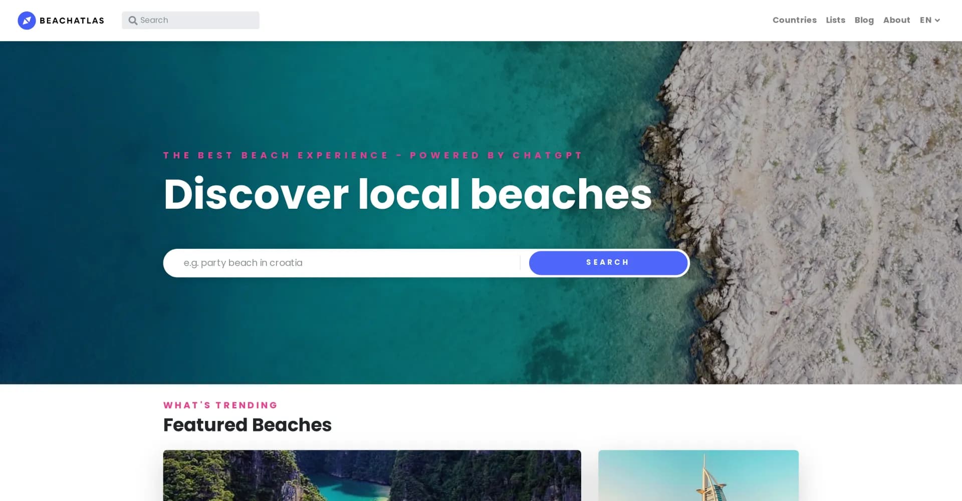BeachAtlas homepage screenshot — Explore and discover local beaches with ease.