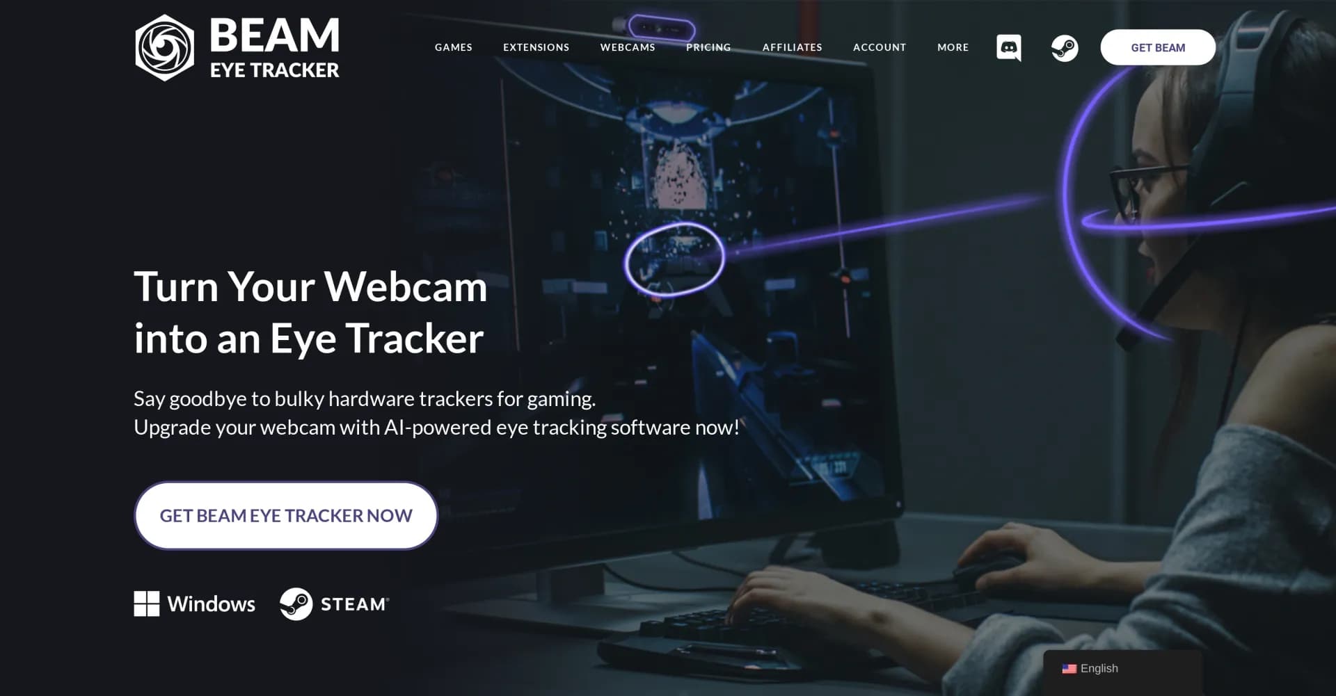 Beam Eye Tracker homepage screenshot — Turn your webcam into an eye tracker for gaming.