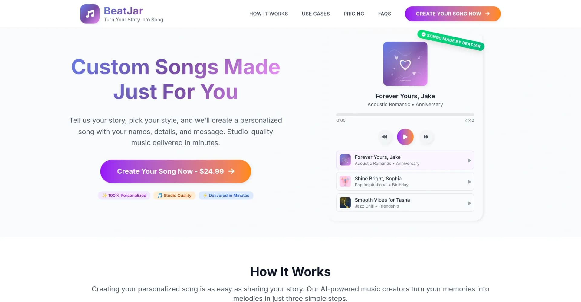 BeatJar homepage screenshot — Turn your story into a custom song