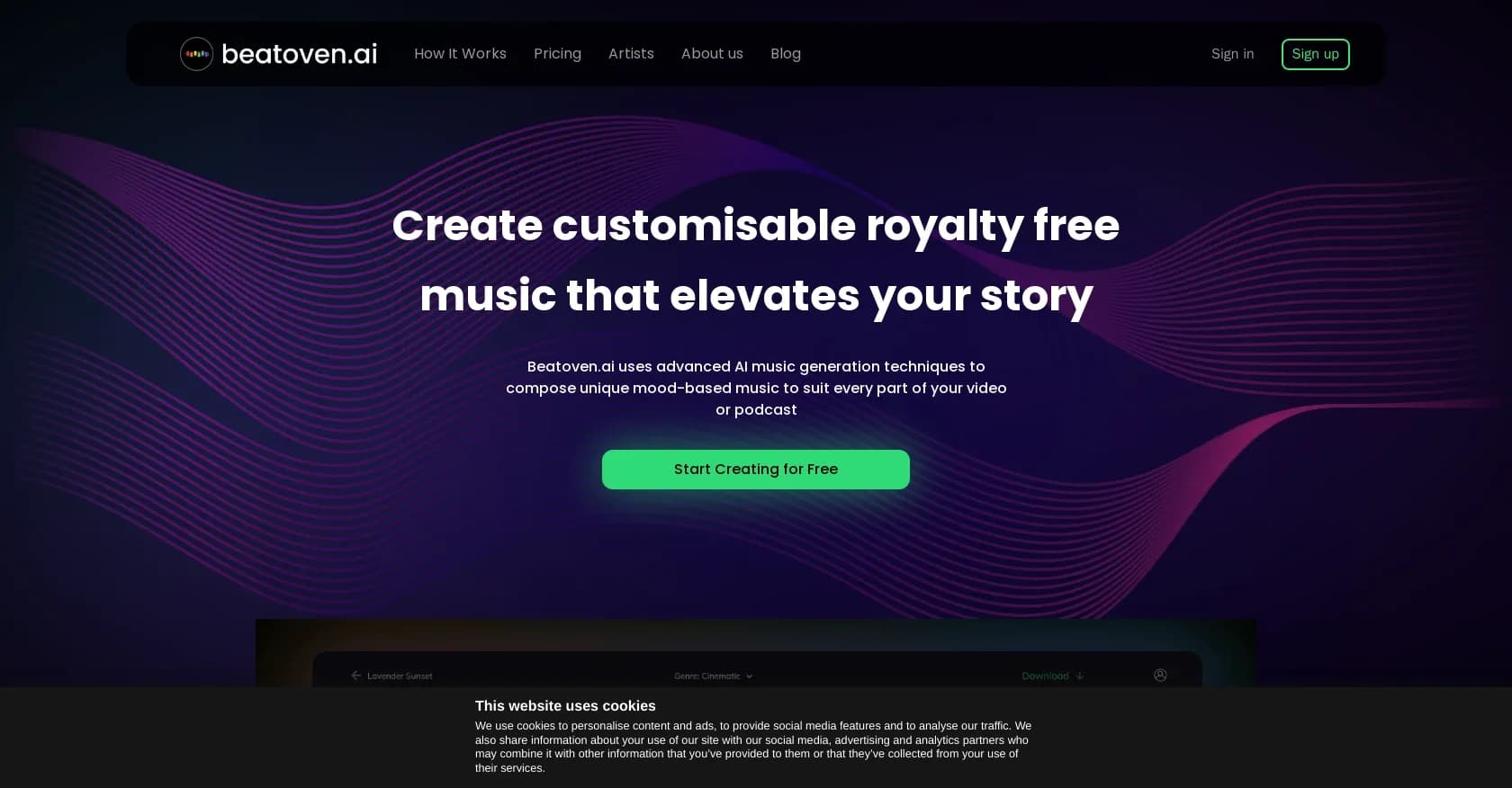 Beatoven homepage screenshot — AI-generated music for every mood in your video.