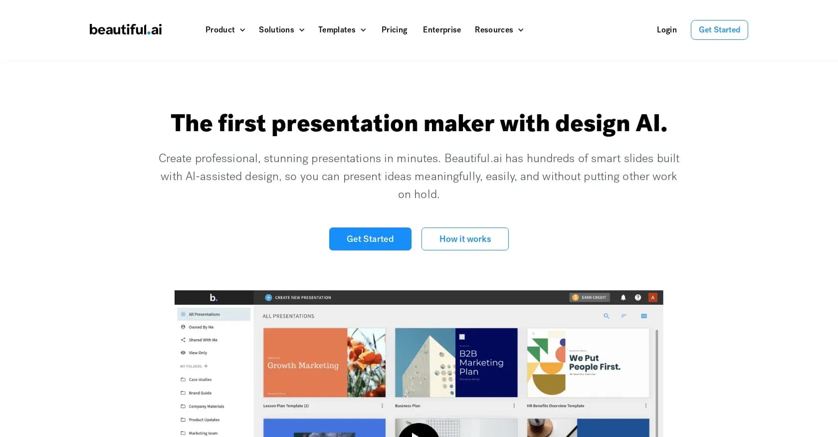 Beautiful.ai DesignerBot homepage screenshot — Create stunning presentations with AI-powered design