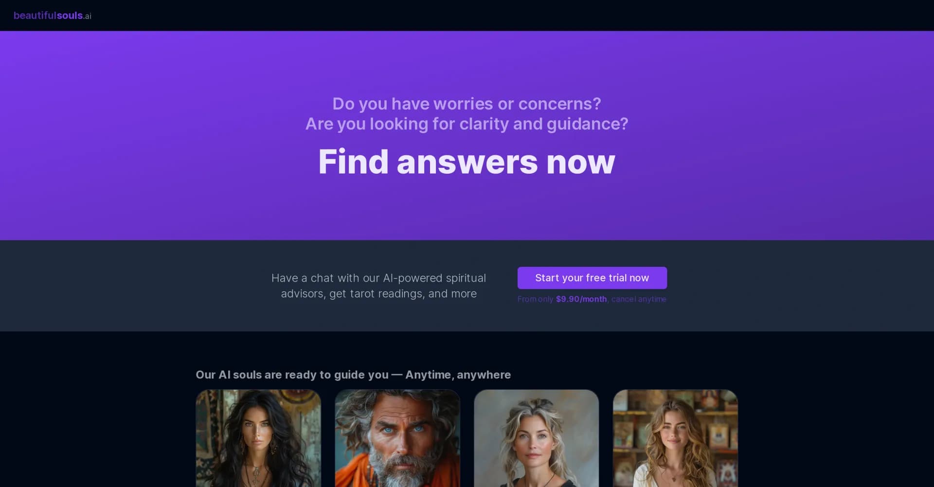 BeautifulSouls homepage screenshot — Get tarot readings and spiritual advice from our AI.