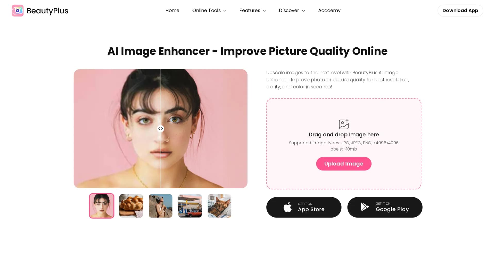 BeautyPlus AI Image Enhancer homepage screenshot — Enhance images with AI for superior quality instantly.
