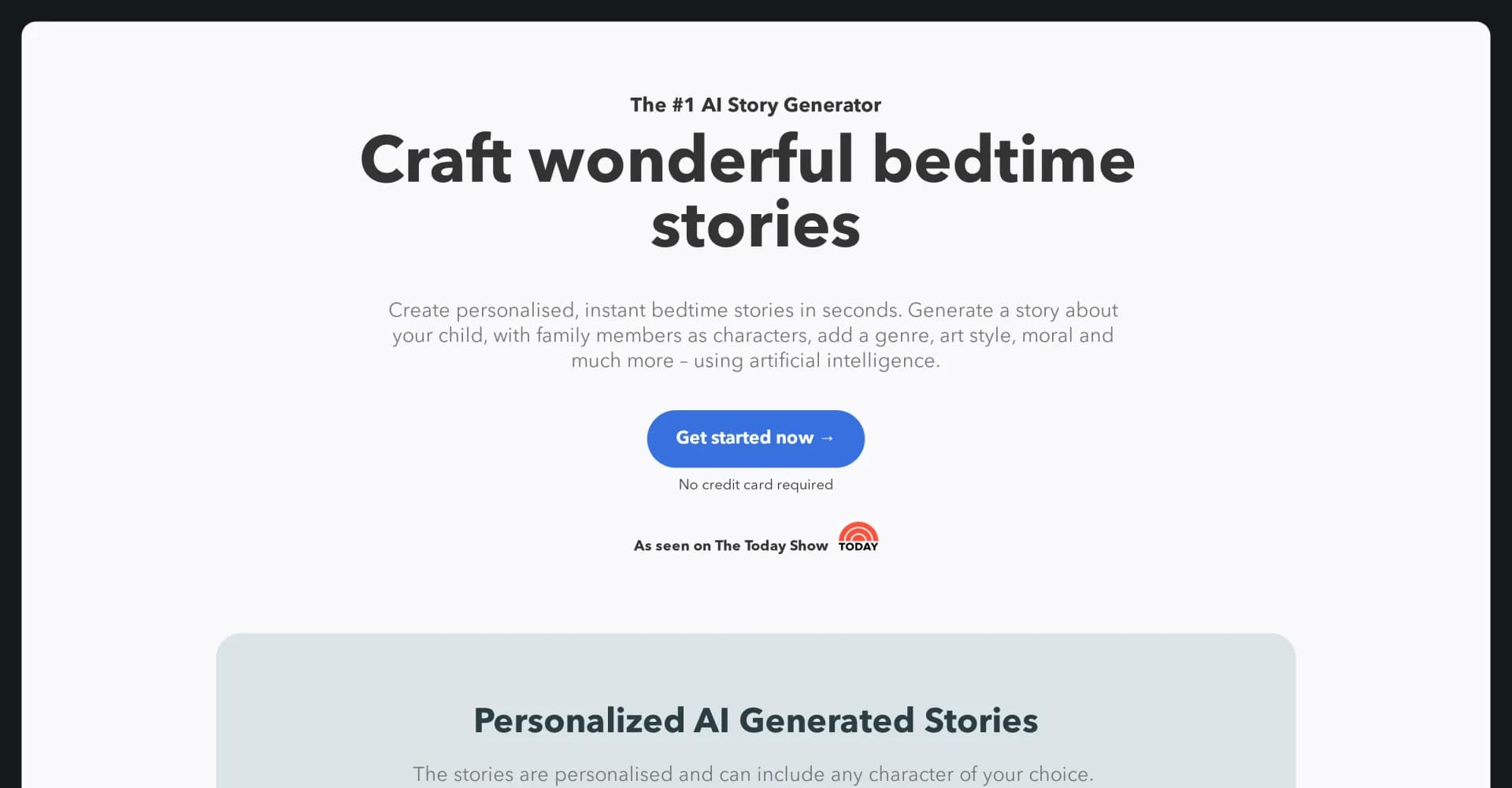 BedtimeStory homepage screenshot — Craft instant, personalized bedtime stories with AI