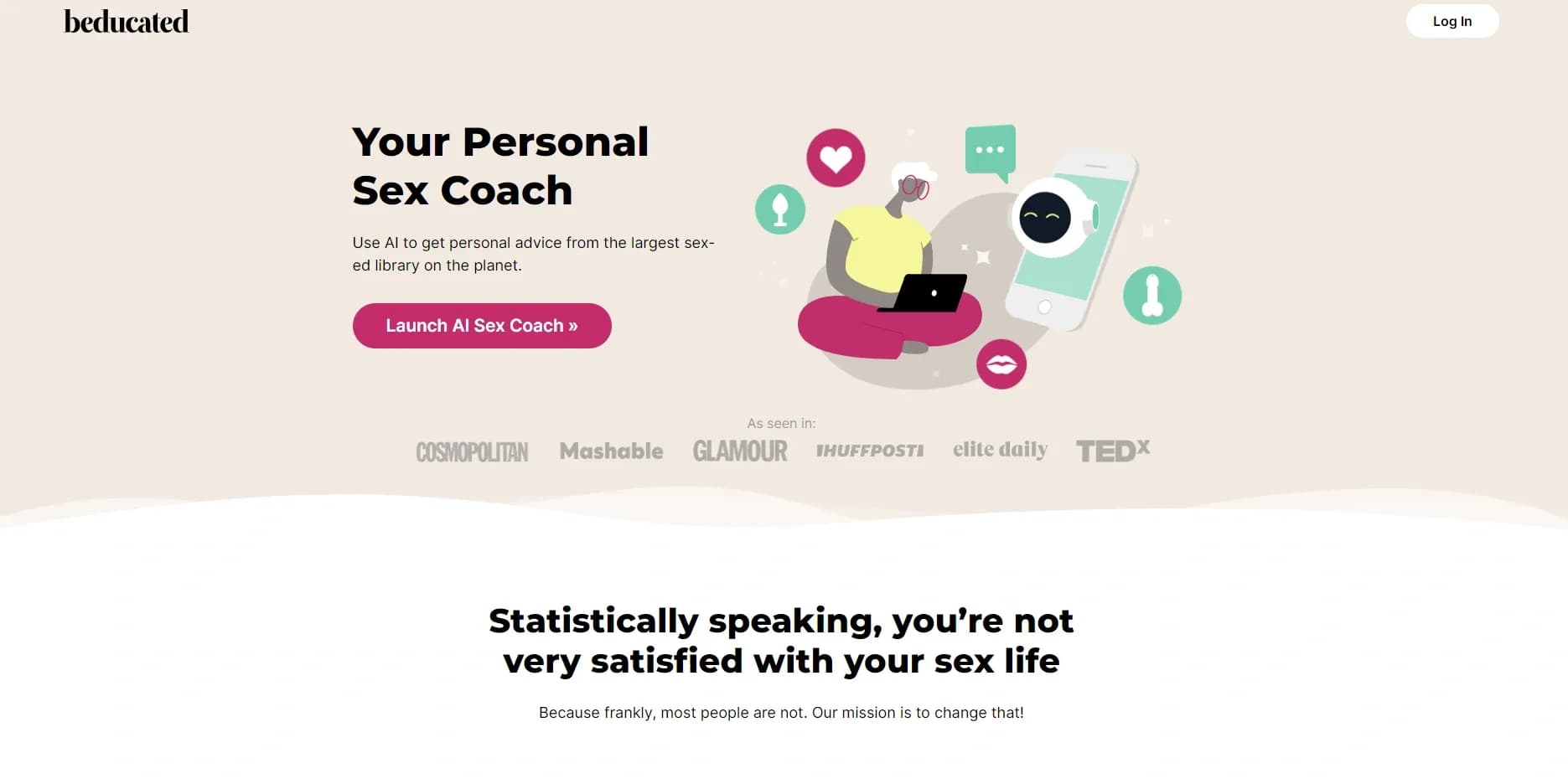 Beducated homepage screenshot — Sex ed chatbot - offers advice & education