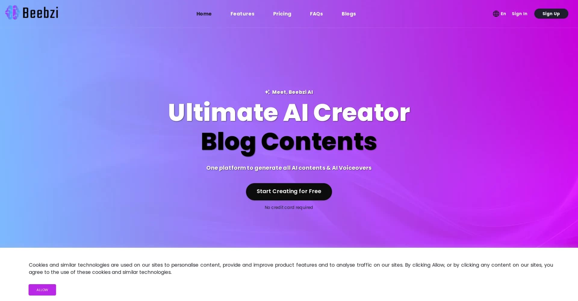 Beebzi homepage screenshot — AI-powered content creation for marketing and sales