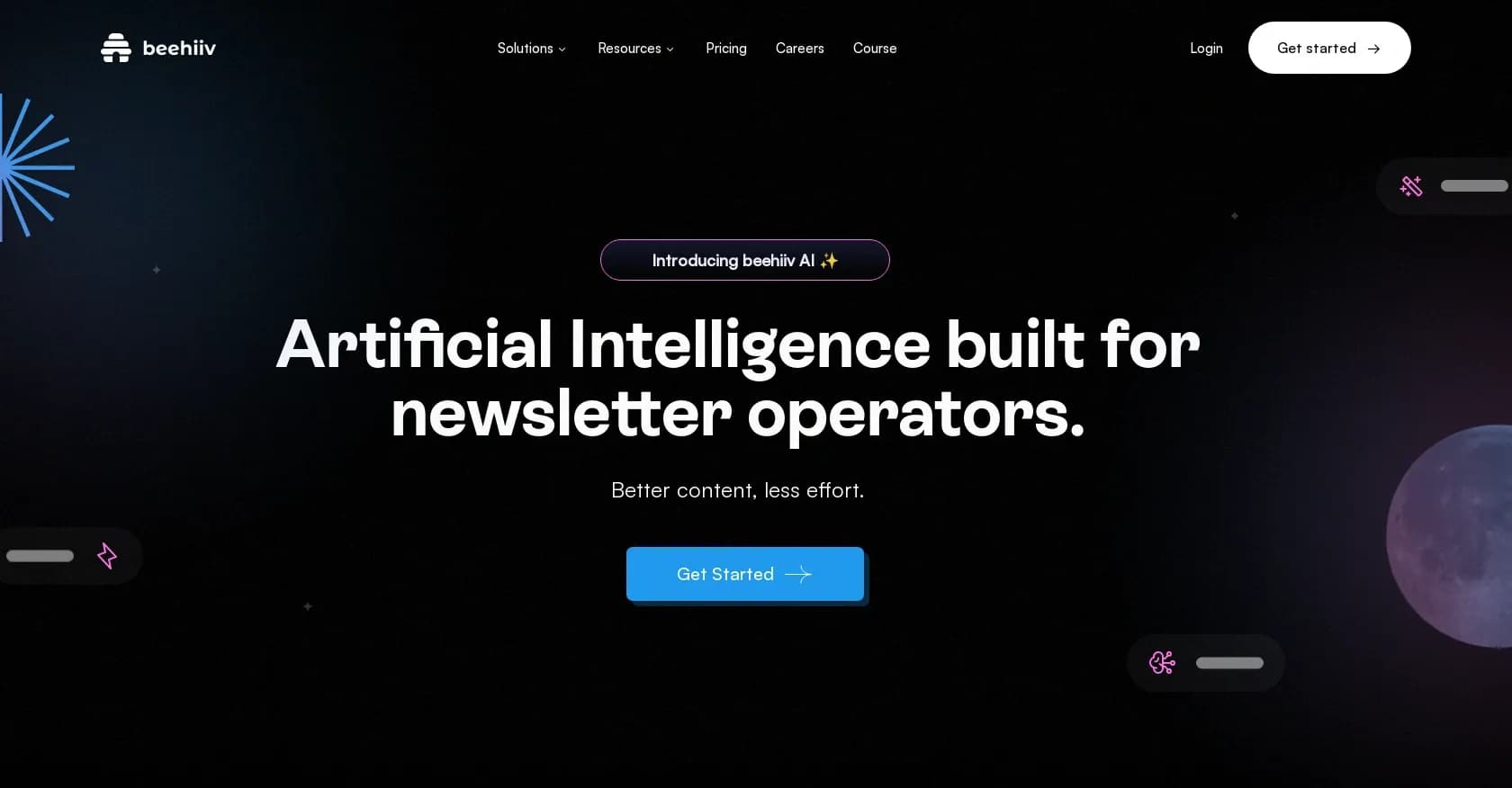 Beehiiv homepage screenshot — AI-powered tools for smarter newsletter creation.