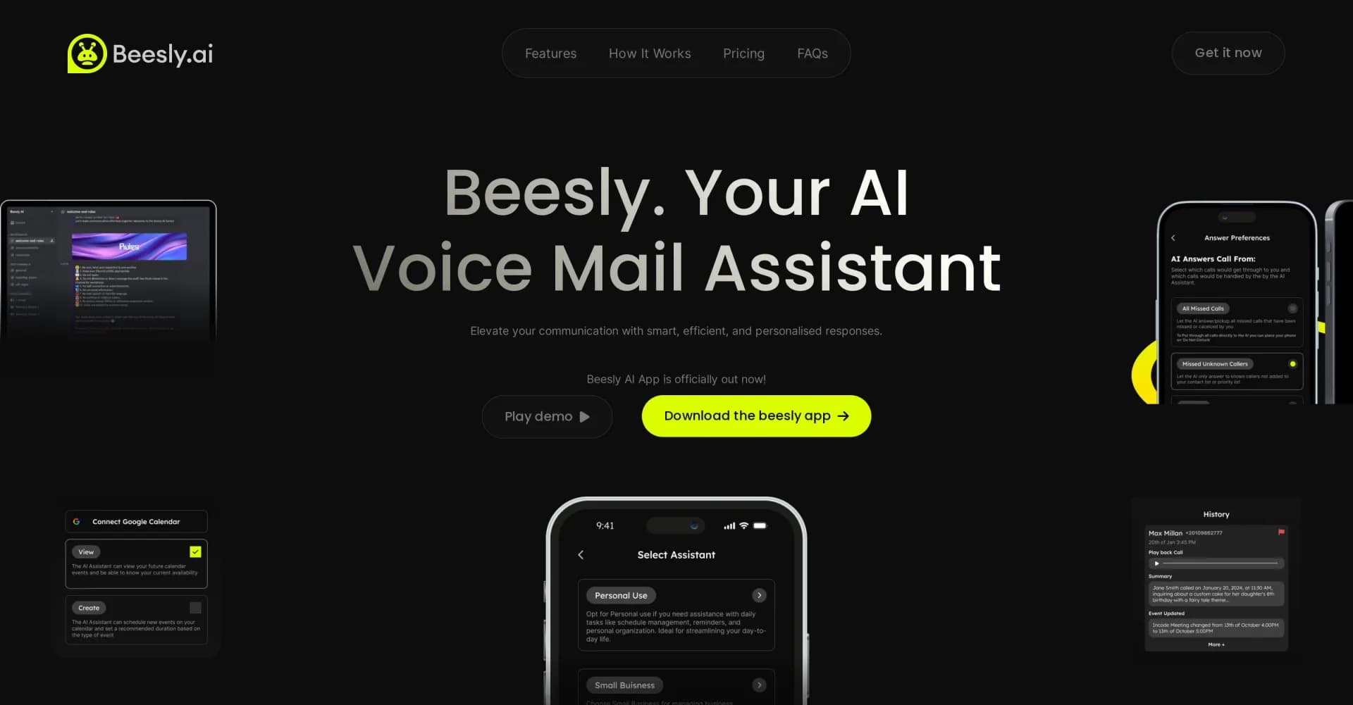 Beesly homepage screenshot — Revolutionize your voicemail with AI-powered assistance