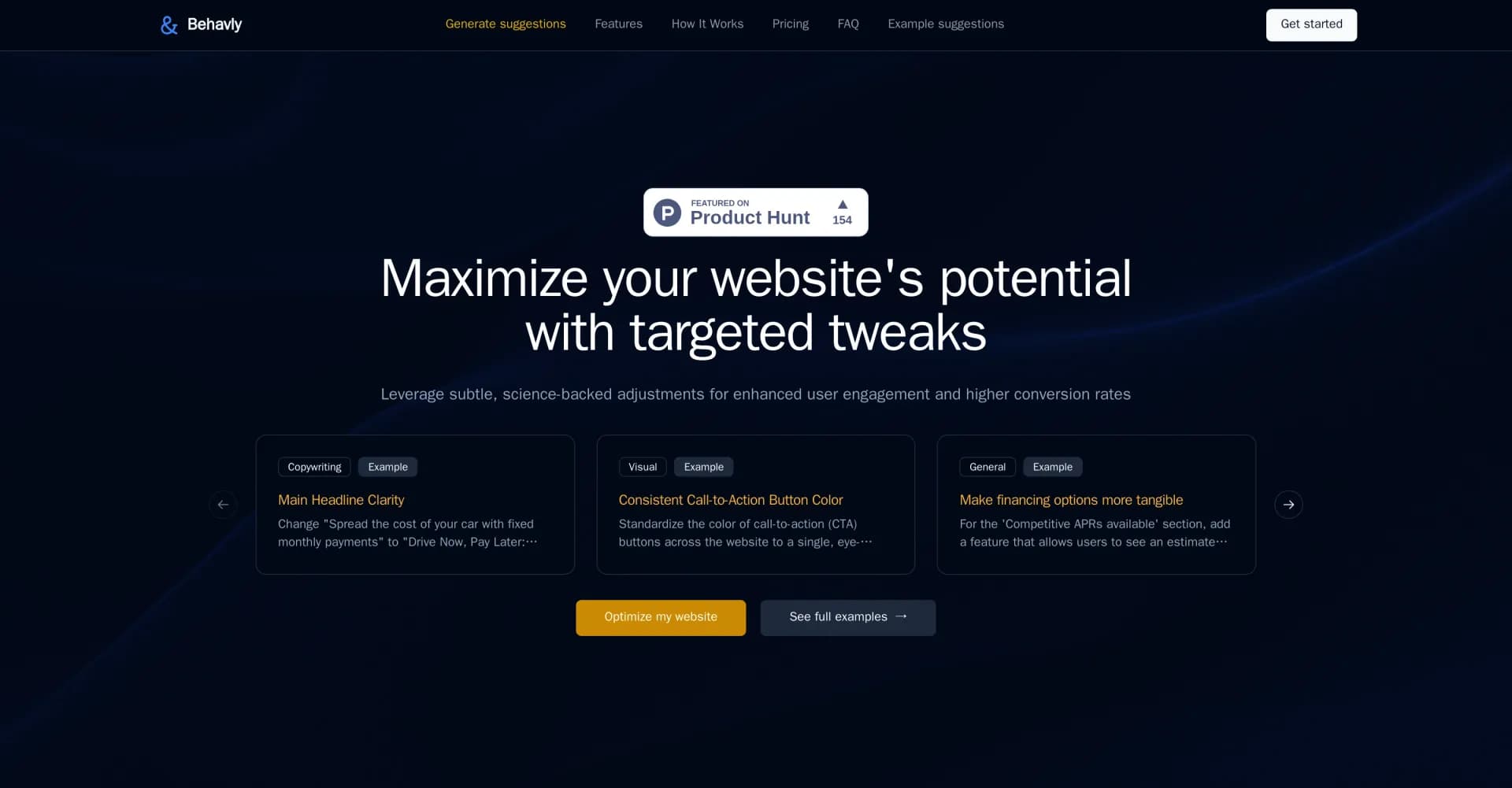 Behavly homepage screenshot — Maximize website potential with targeted tweaks