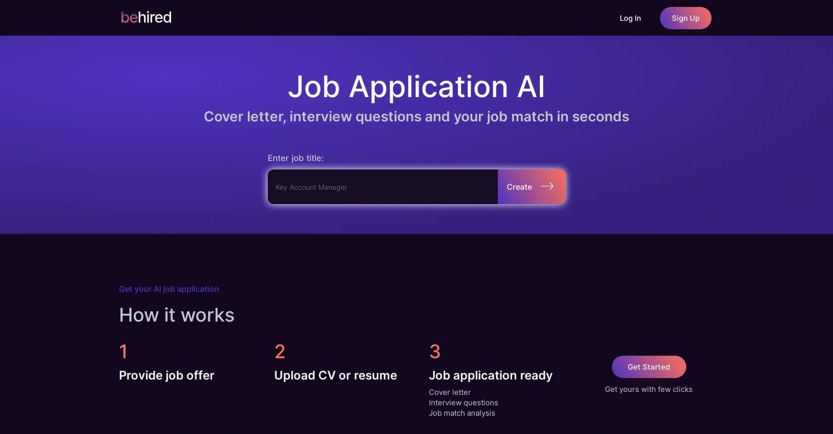 Behired homepage screenshot — AI-powered job applications in seconds