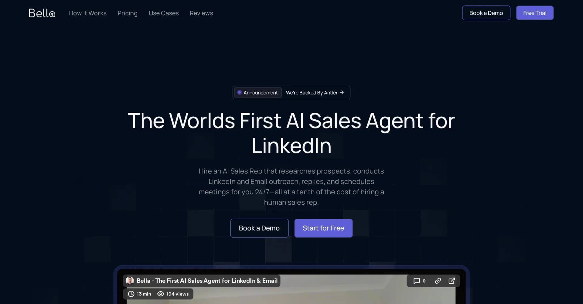 Bella Sales homepage screenshot — AI sales agent for LinkedIn outreach and lead generation