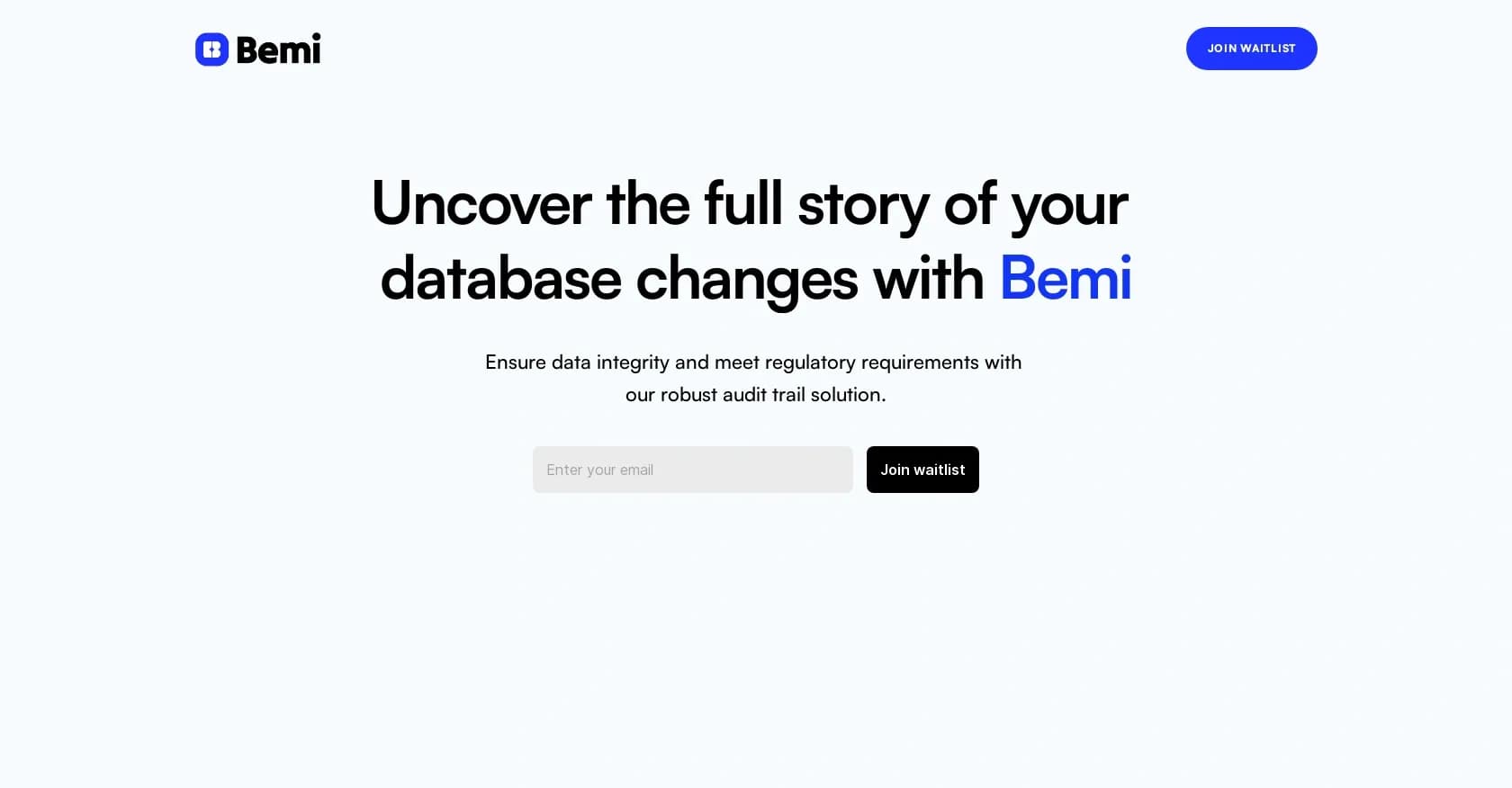 Bemi homepage screenshot — Uncover database changes, ensure compliance with robust audi