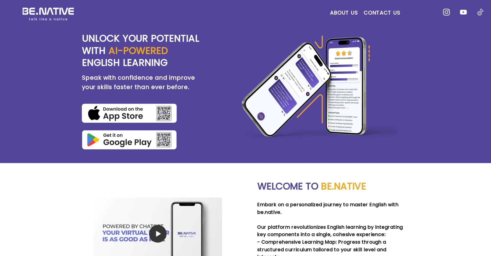 Benative homepage screenshot — AI-powered English learning for confident speaking