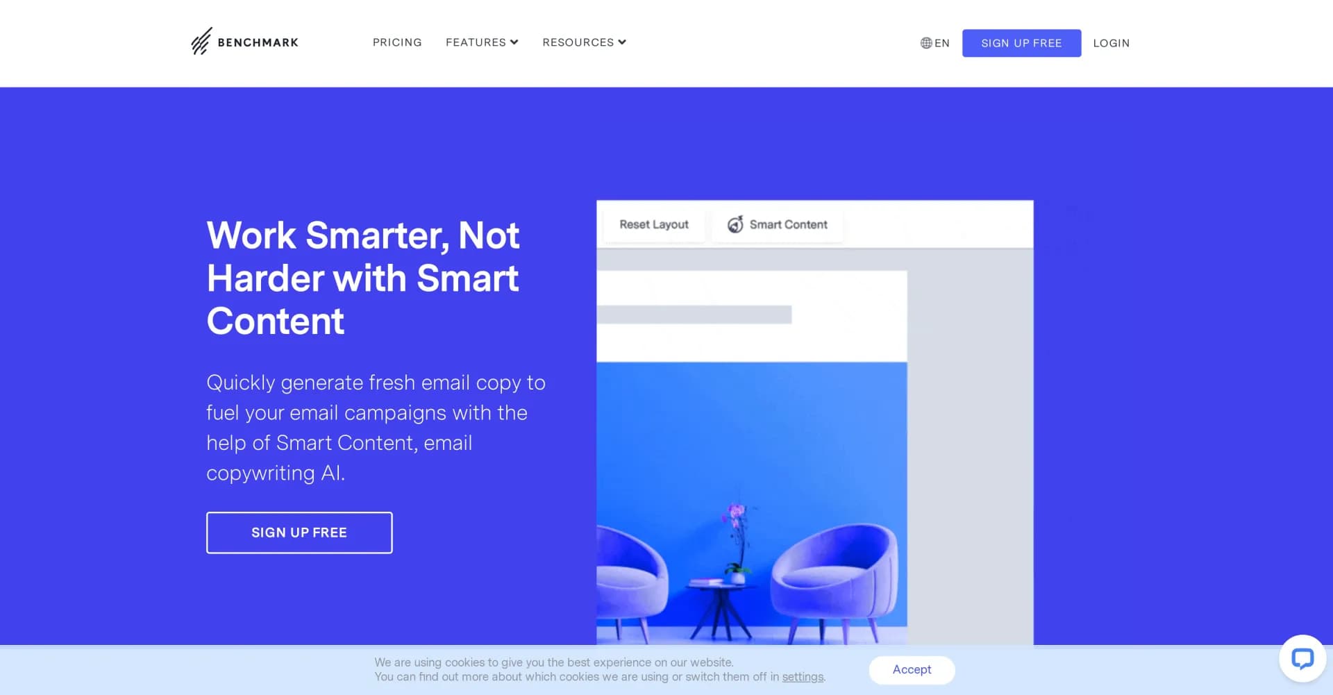 Benchmark Email homepage screenshot — AI-powered email copy for smarter campaigns