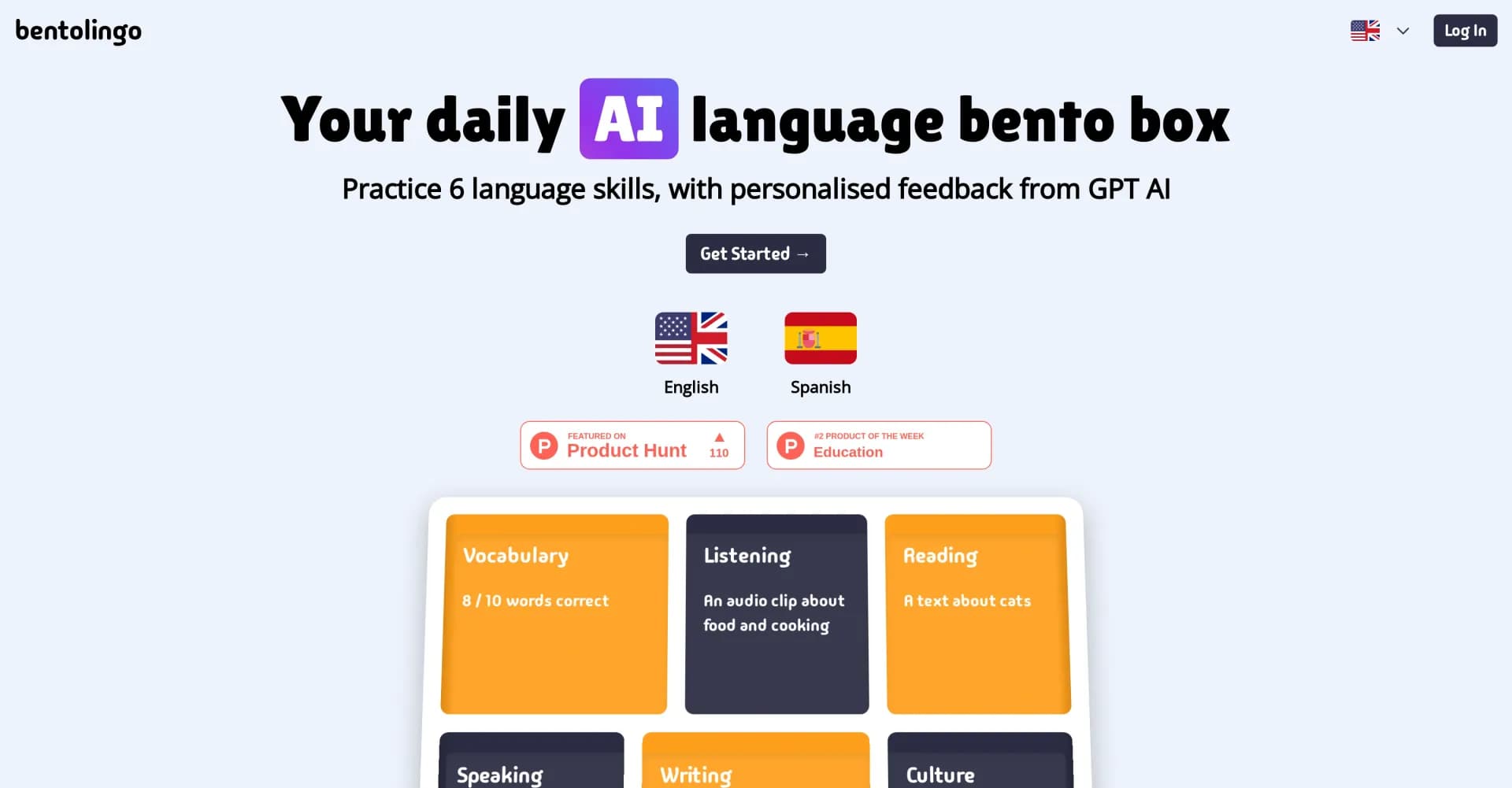 Bentolingo homepage screenshot — Master 6 language skills with daily AI practice.