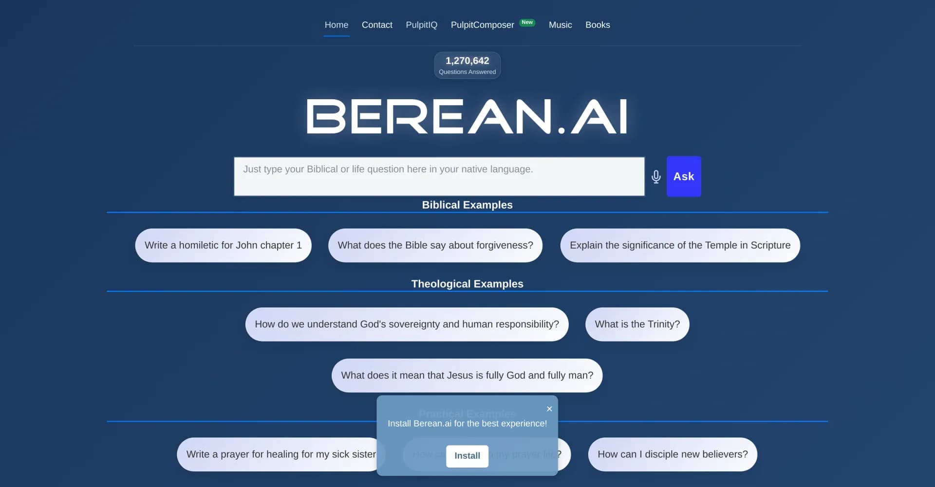 Berean.ai homepage screenshot — Unlock biblical wisdom with AI-powered theology.