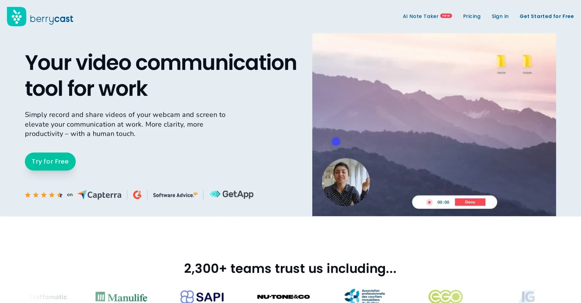 Berrycast Transcripts homepage screenshot — One-click screen recording and sharing.