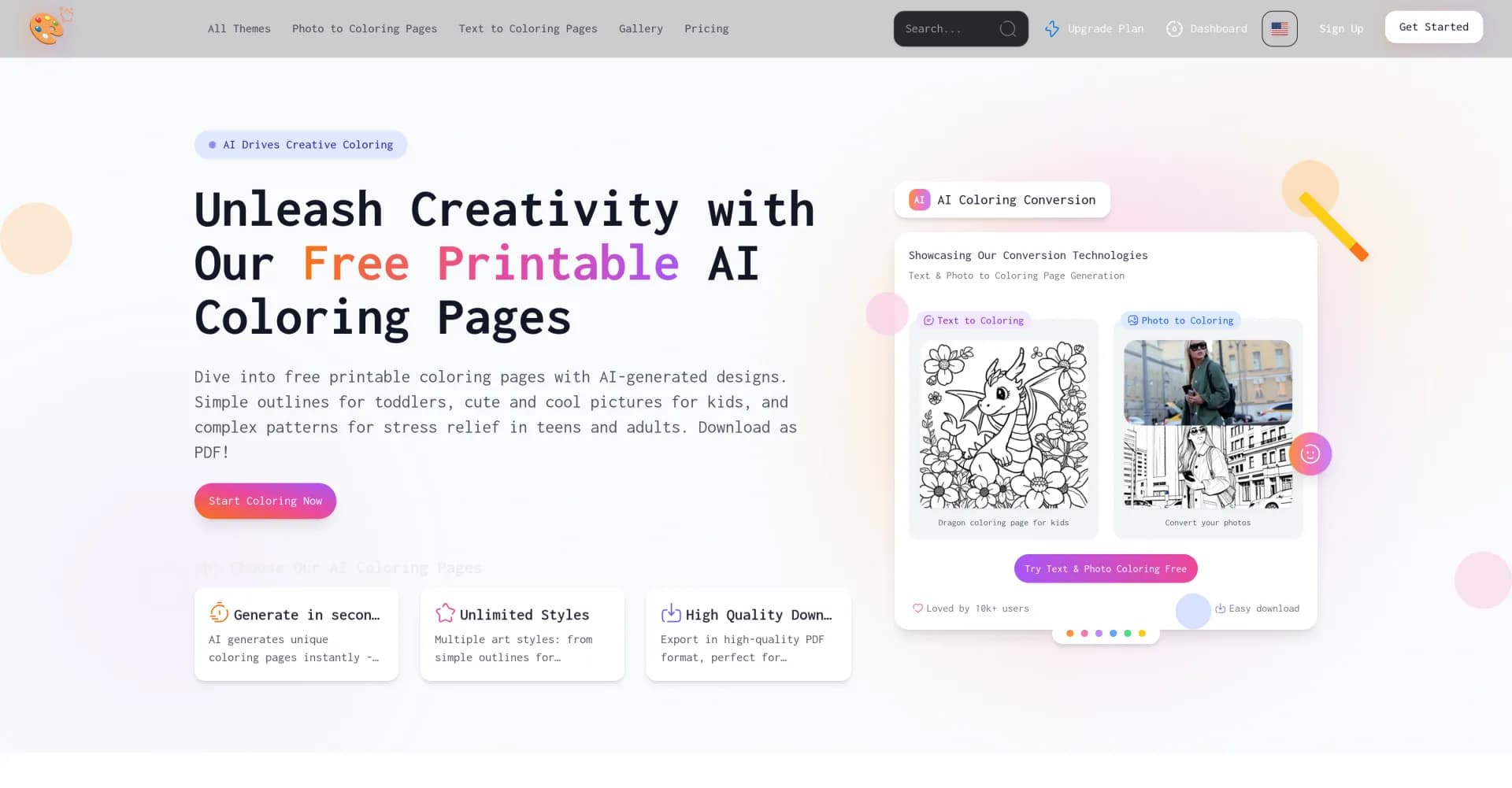 Best Coloring Pages homepage screenshot — Create unique AI coloring pages instantly