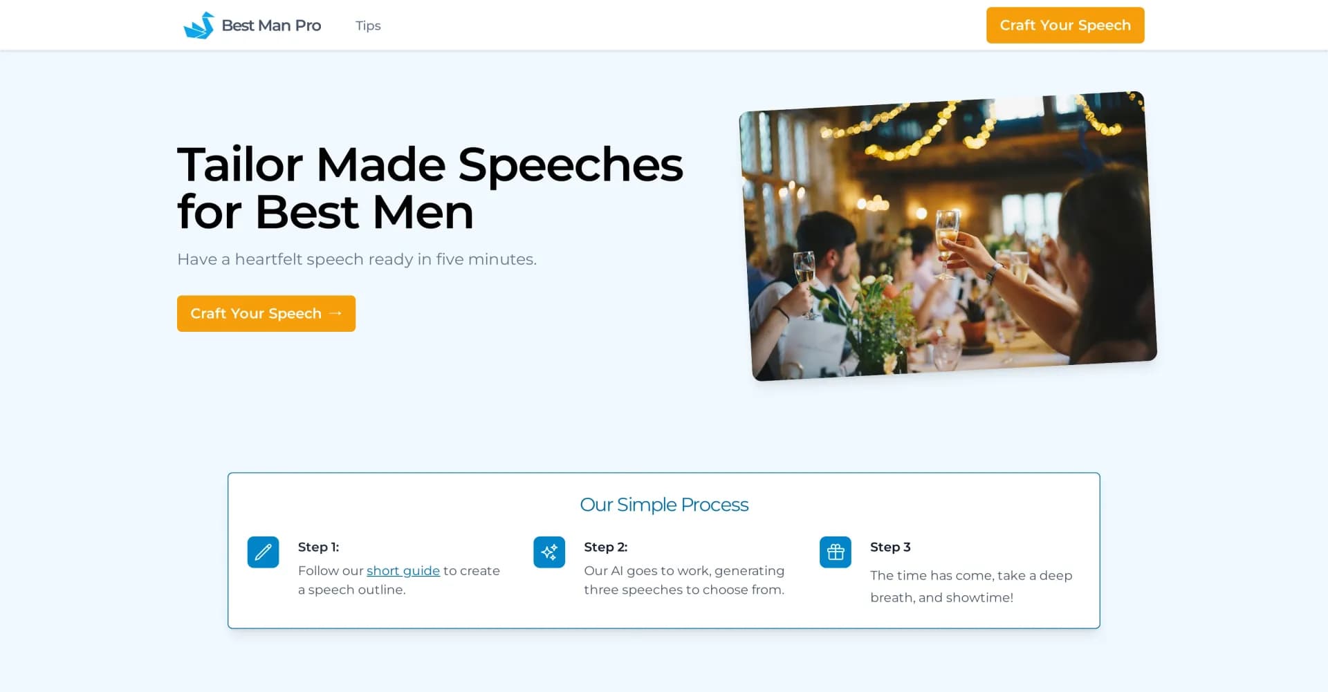 Best Man Pro homepage screenshot — Craft heartfelt best man speeches in minutes.