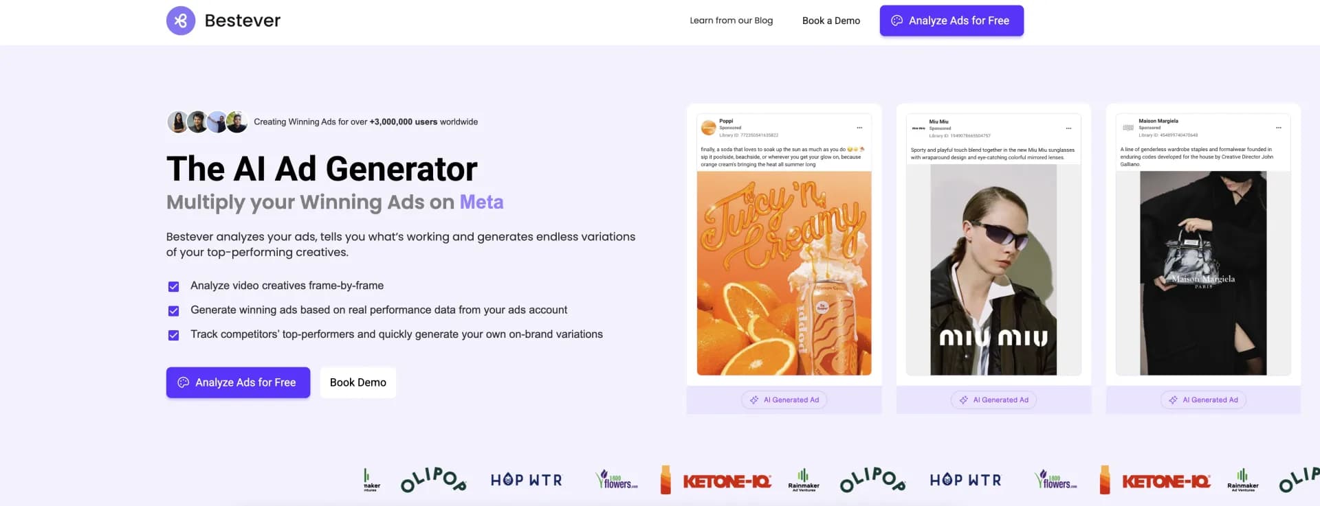 Bestever homepage screenshot — Create Winning Ads Instantly with AI-Powered Precision