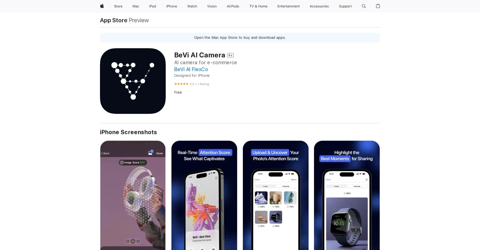 BeVi AI Camera homepage screenshot — AI-powered camera for stunning e-commerce photos