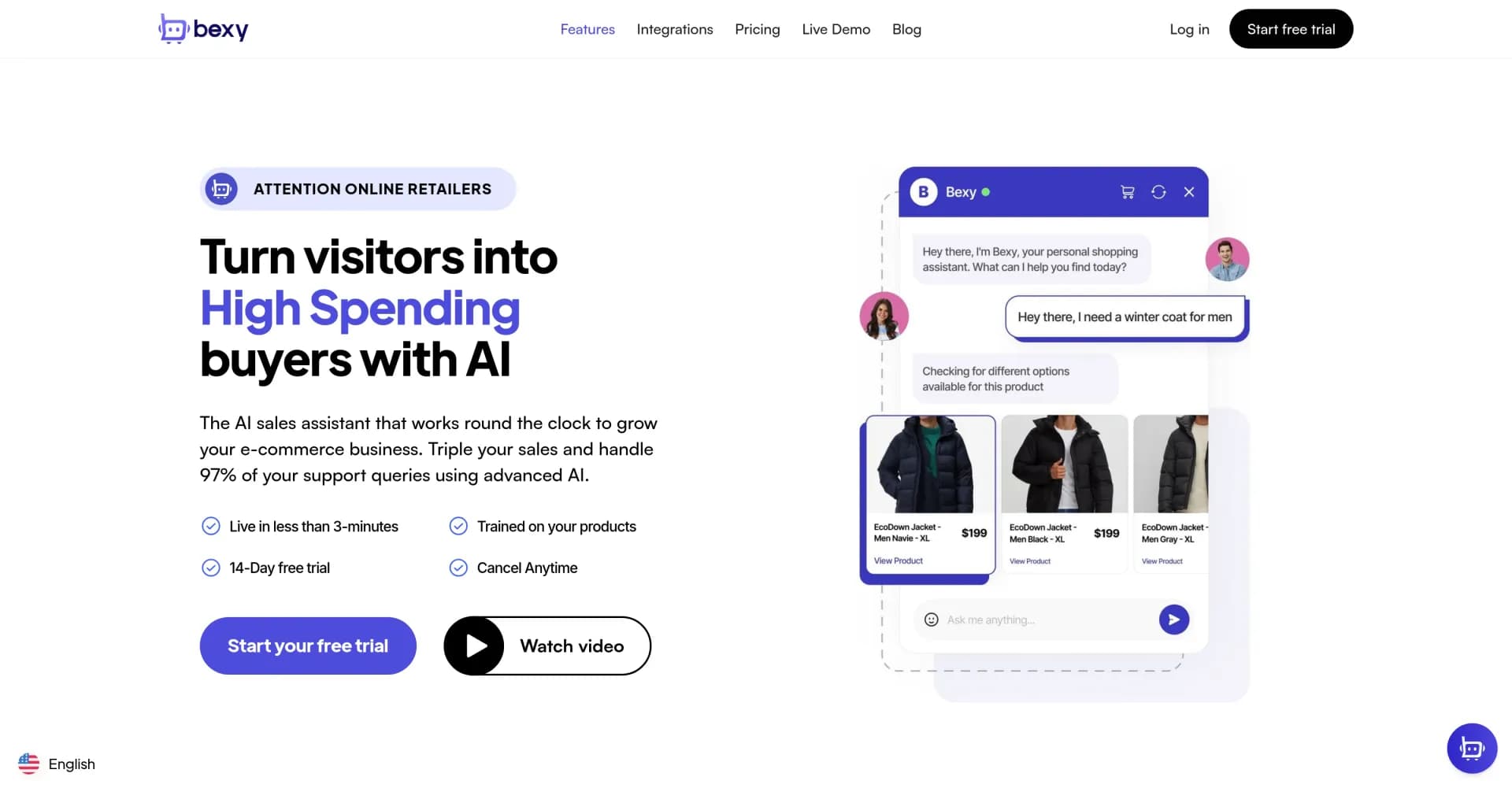 Bexy.ai homepage screenshot — AI sales assistant that turns visitors into buyers 24/7