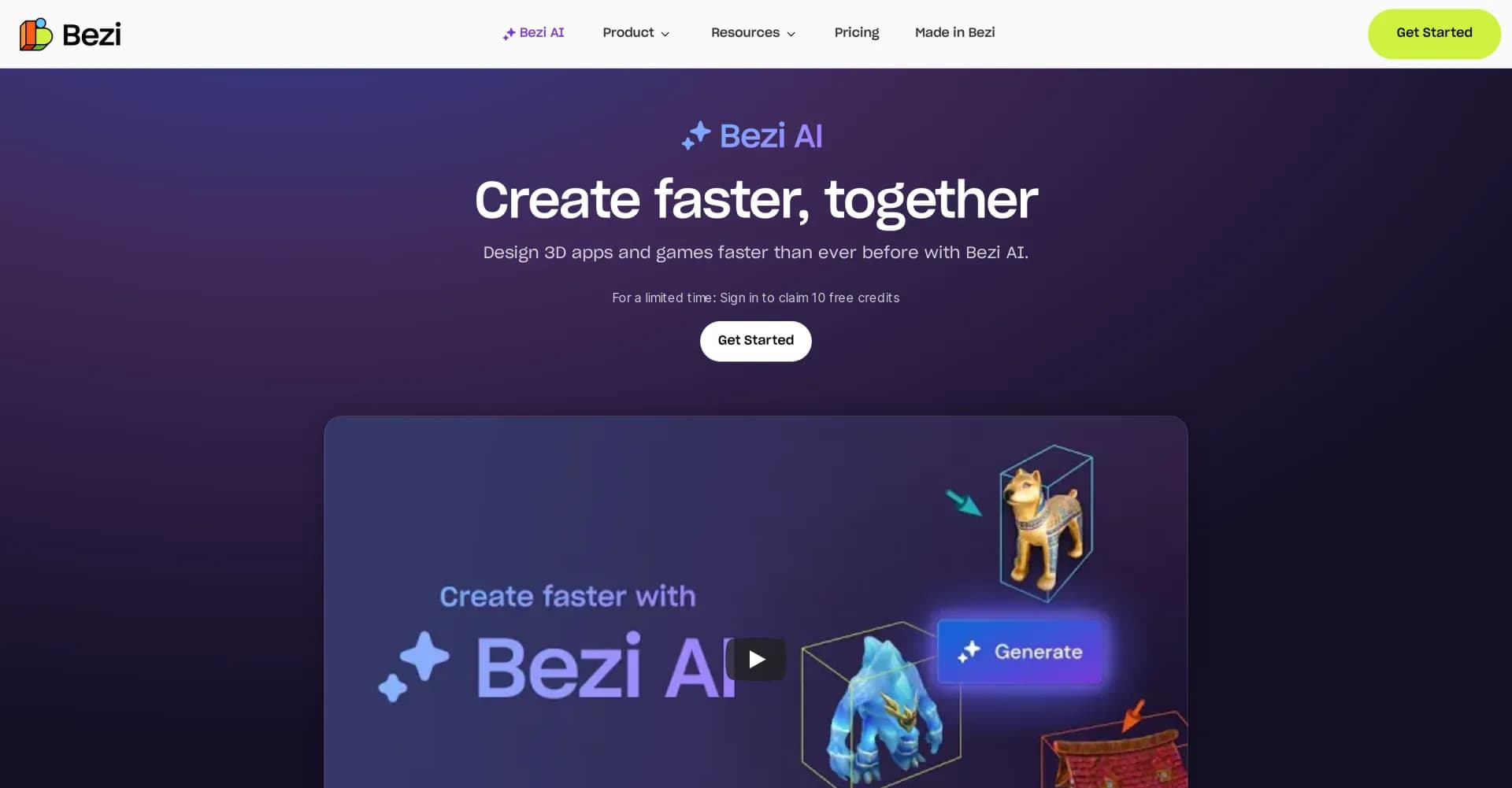 Bezi AI homepage screenshot — Craft compelling 3D apps and games faster.