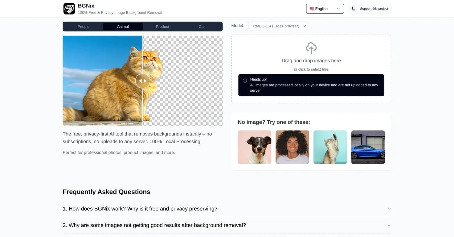 BGNix homepage screenshot — Remove backgrounds instantly, free and private.