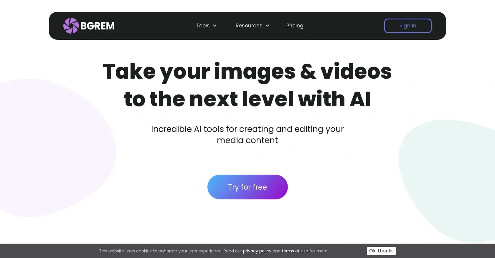 BgRem homepage screenshot — AI tools for stunning images and videos