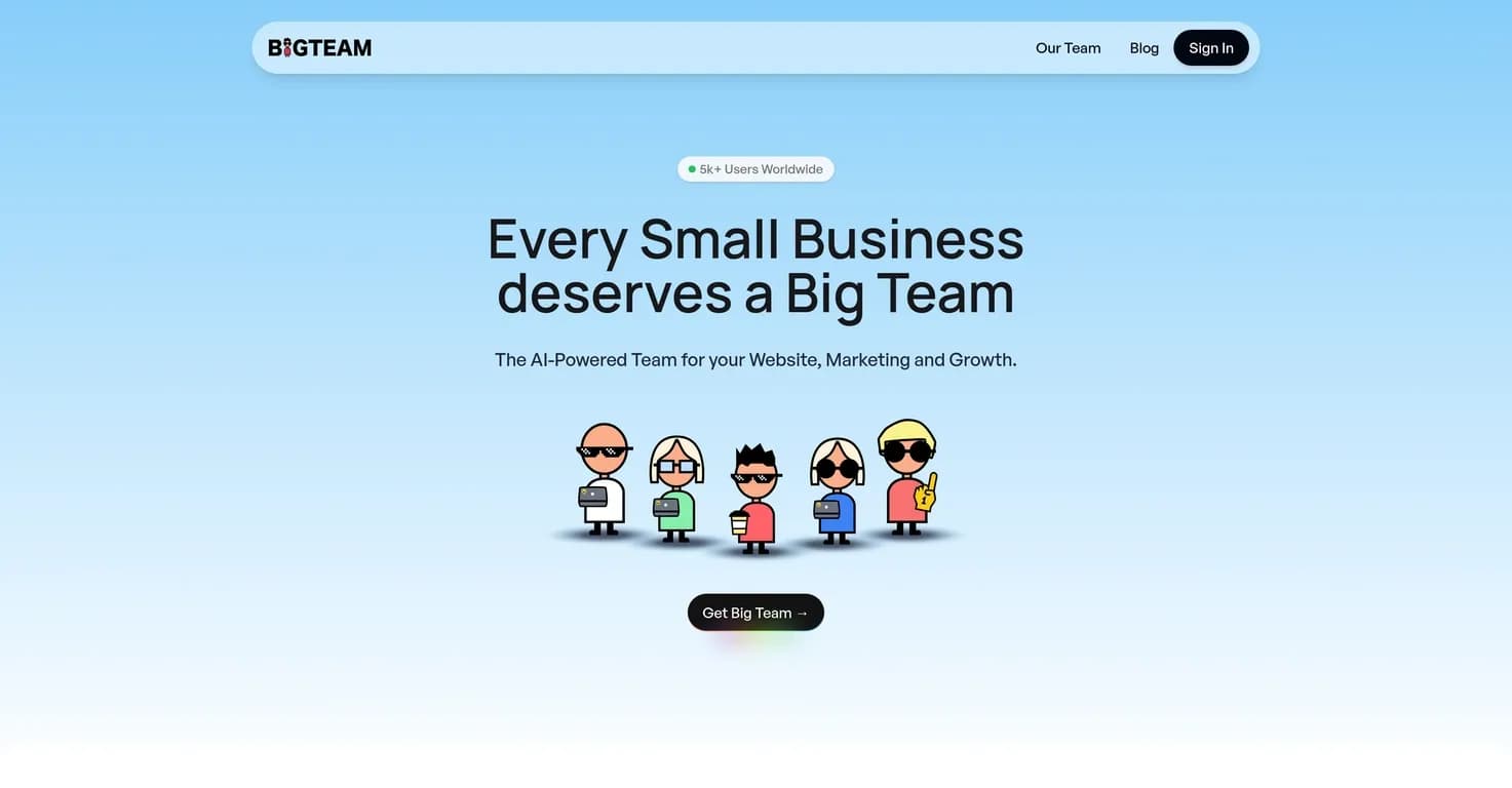 BigTeam homepage screenshot — AI-powered teams for marketing, content, and growth