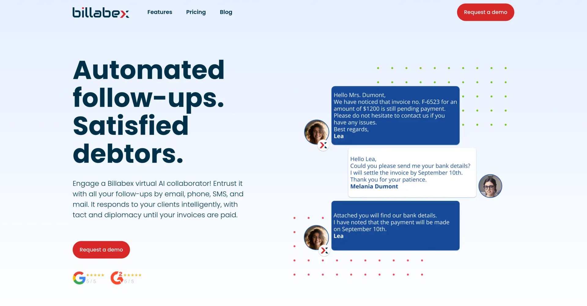Billabex homepage screenshot — Automate invoice collection with AI diplomacy.