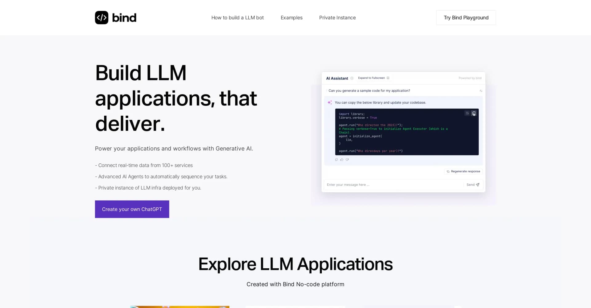Bind homepage screenshot — Collaboratively build and deploy powerful LLM applications