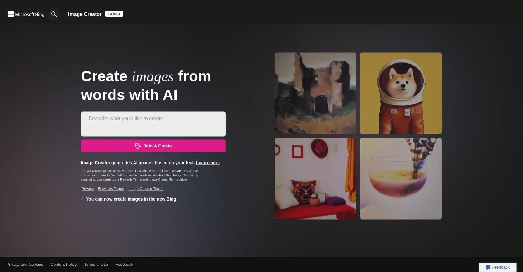 Bing Create homepage screenshot — Create stunning images with AI-powered search.