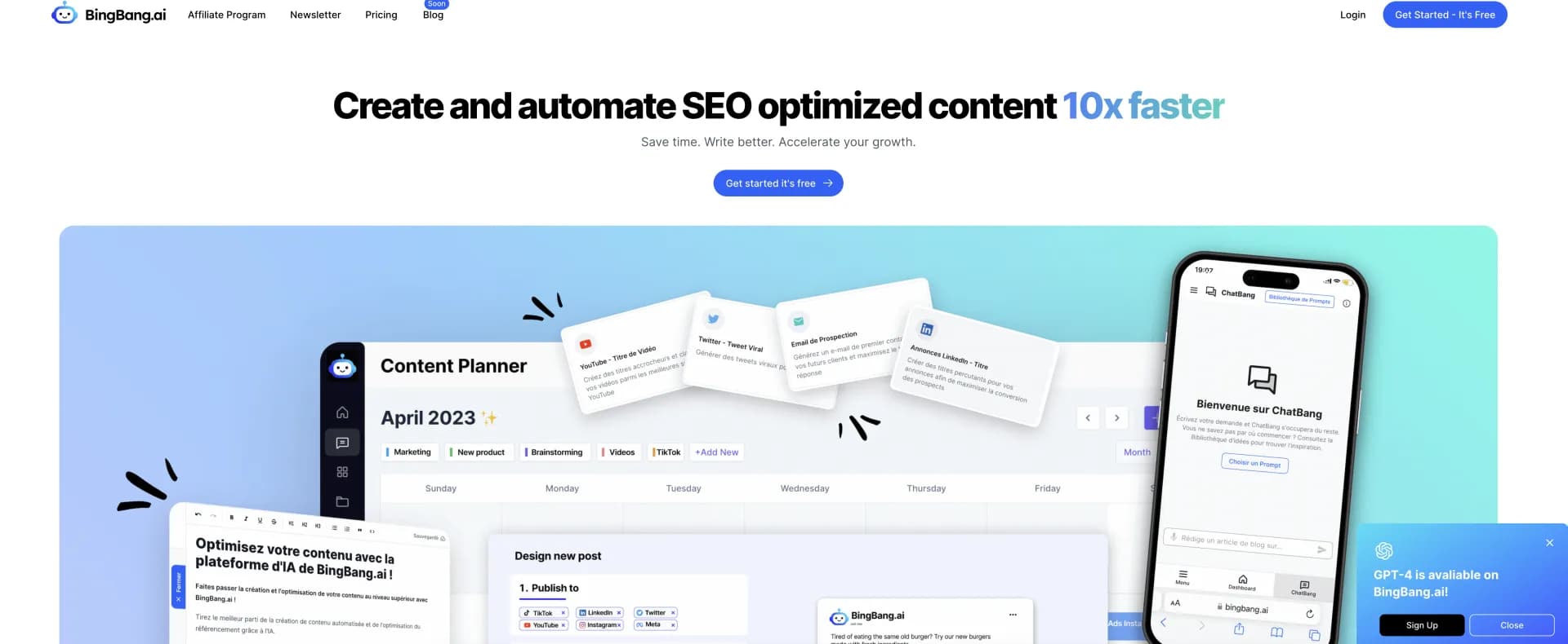 BingBangAI homepage screenshot — Write better content 10X faster with AI