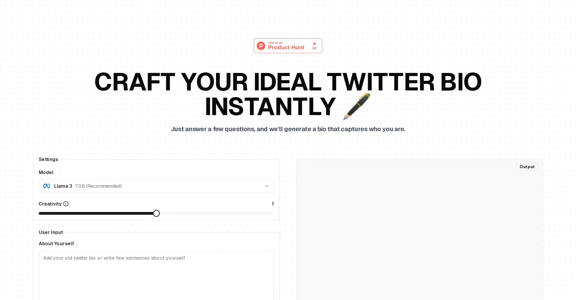 BioIt homepage screenshot — Craft your perfect Twitter bio instantly with AI.