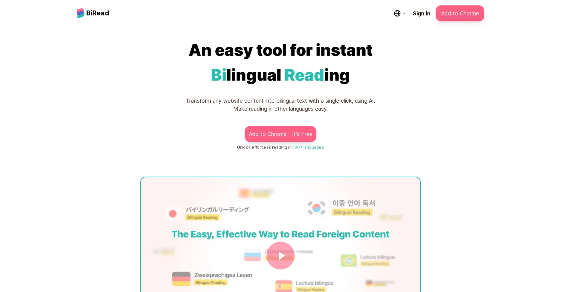 BiRead homepage screenshot — Transform any website into bilingual text with one click.