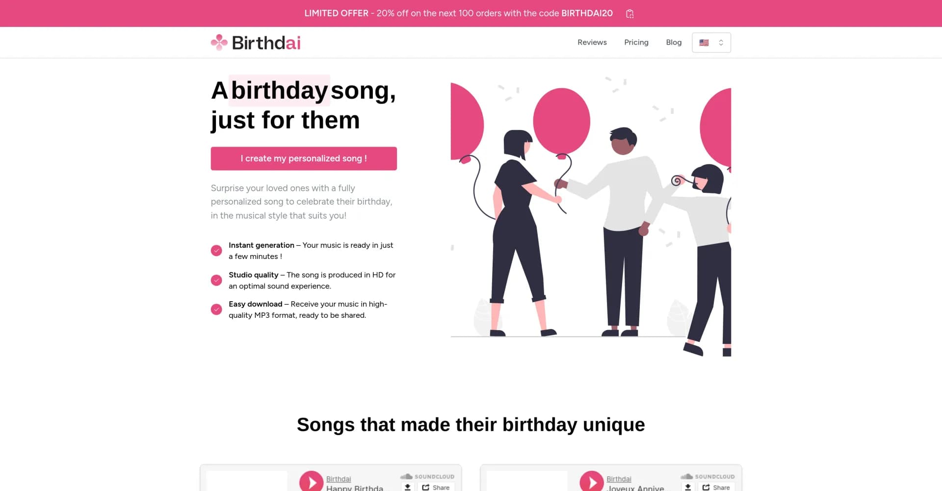 Birthdai homepage screenshot — Personalized birthday songs in minutes.
