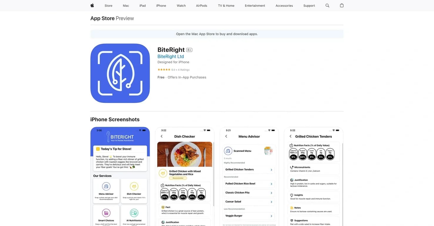 BiteRight homepage screenshot — AI-powered nutrition assistant for healthier eating