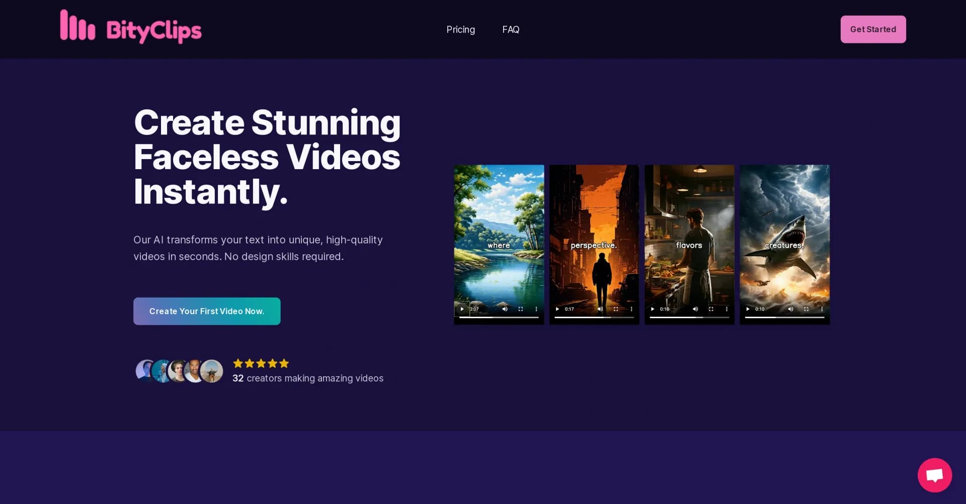 BityClips homepage screenshot — Create Stunning Faceless Videos Instantly with AI