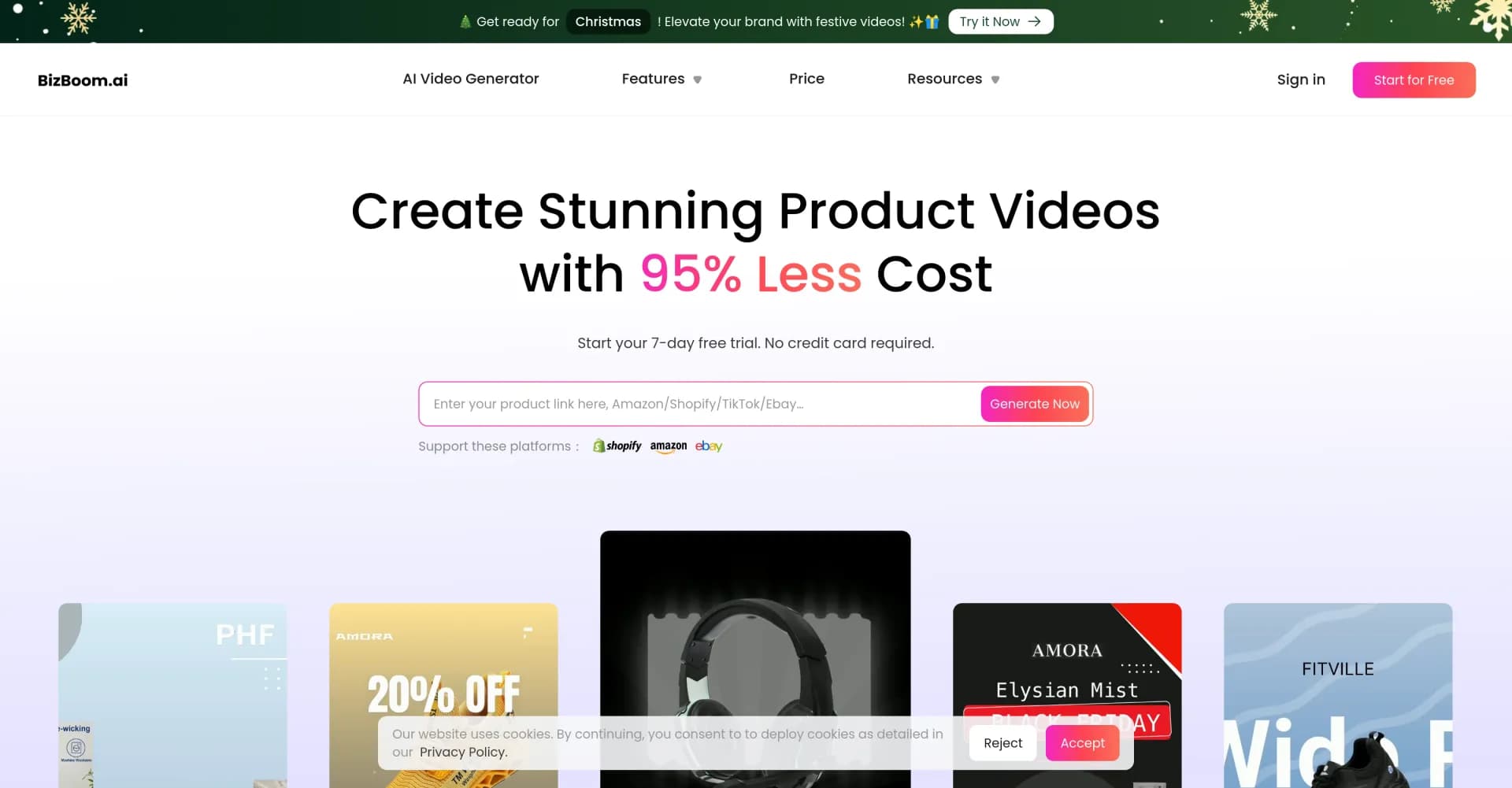 BizBoom.ai homepage screenshot — Turn product URLs into stunning promo videos instantly.
