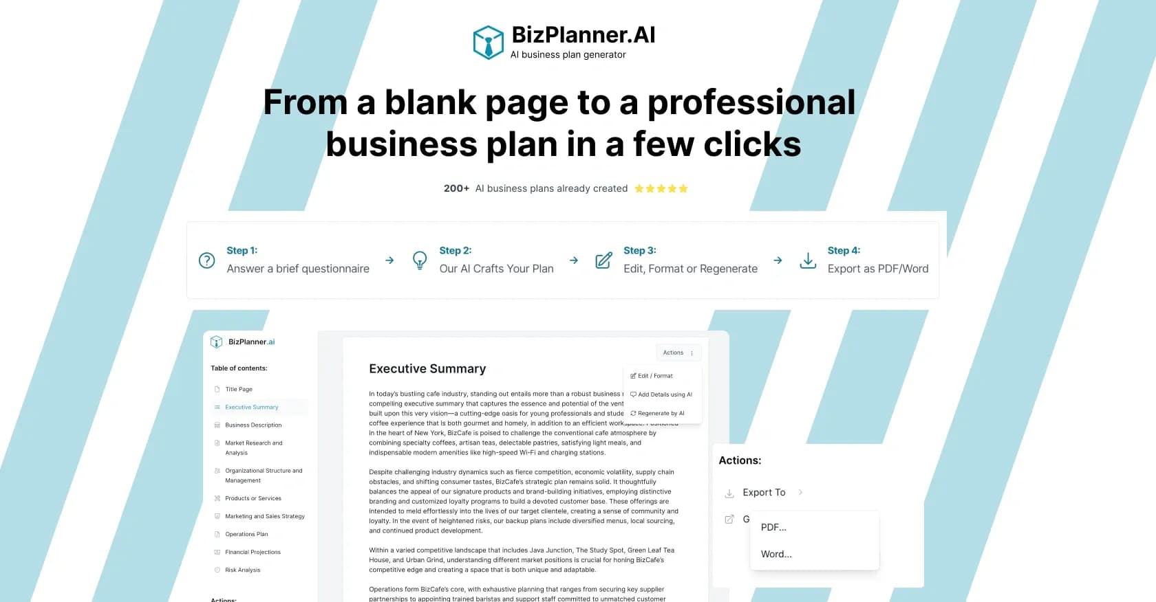 BizPlanner AI homepage screenshot — From a blank page to a professional business plan in a few c