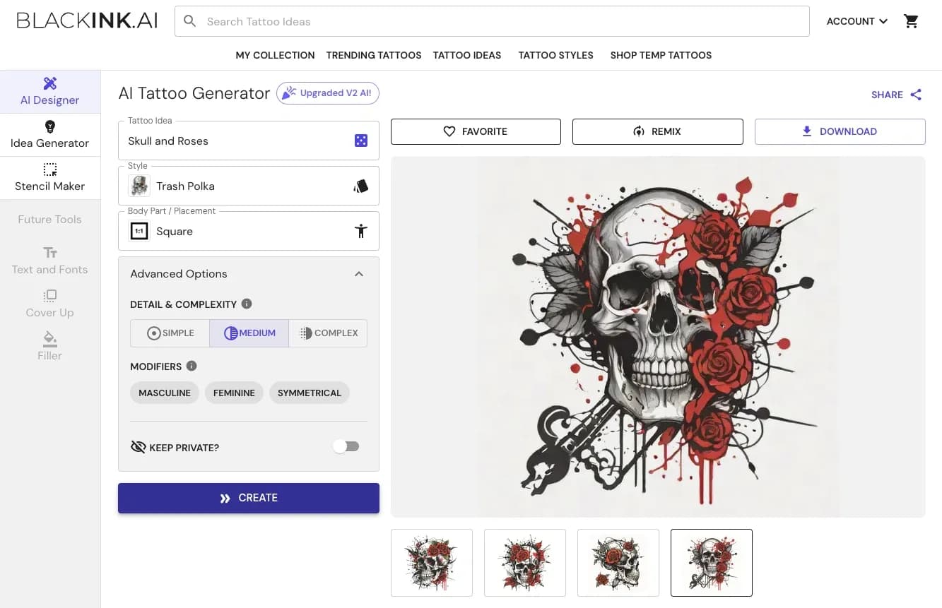 BlackInk.AI homepage screenshot — AI Tattoo Generator