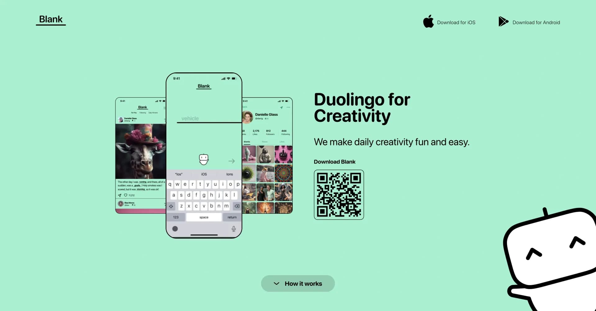 Blank App - Duolingo for Creativity homepage screenshot — Build a creative daily habit with AI art