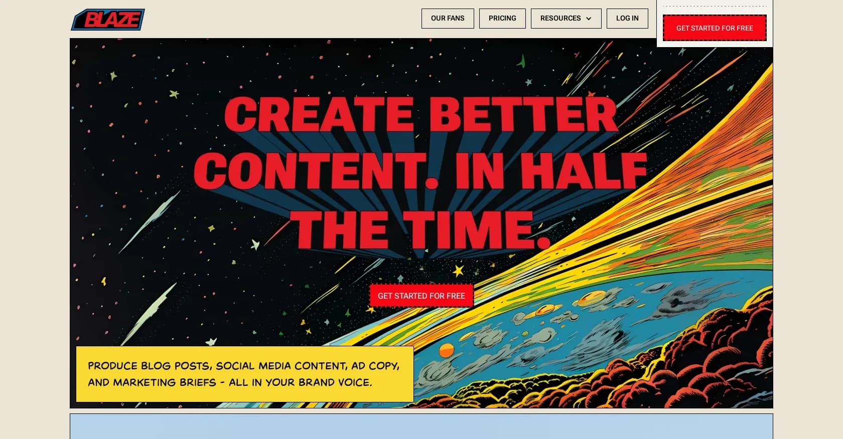Blaze AI homepage screenshot — Create better content in half the time.