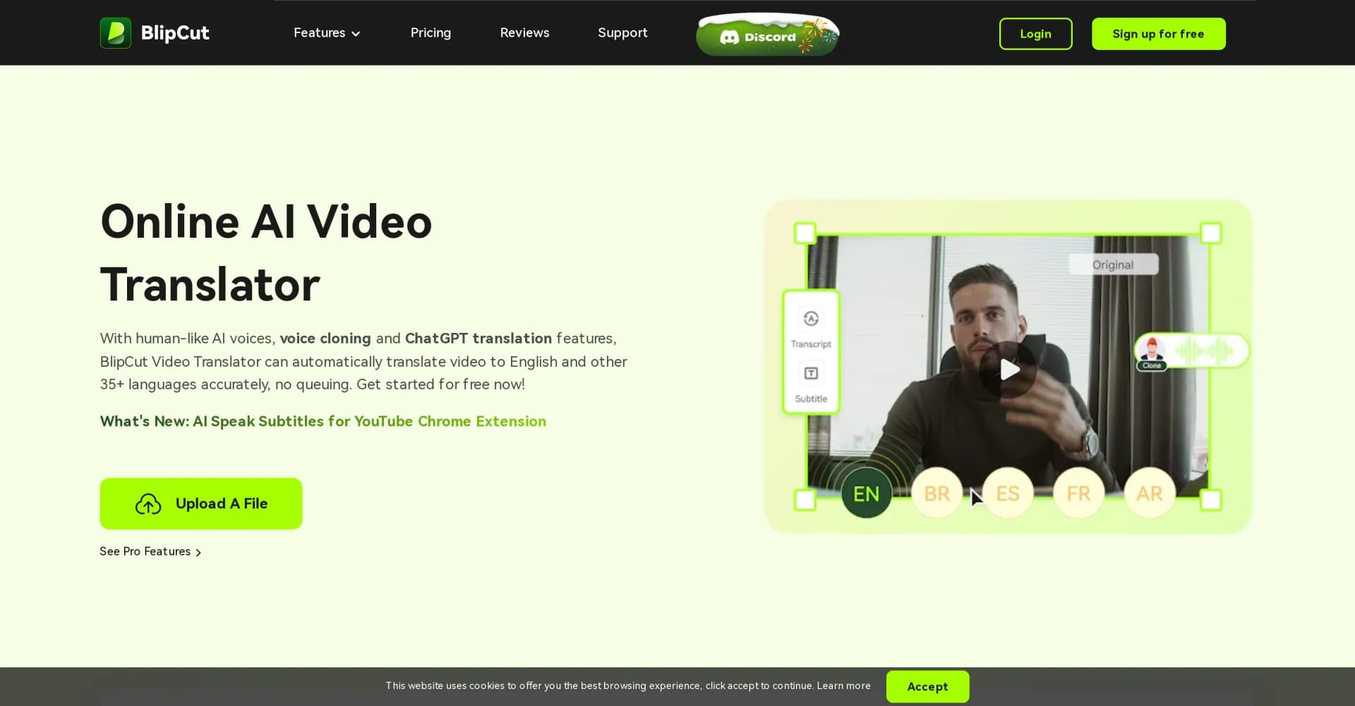 BlipCut homepage screenshot — Automatically translate videos to 35+ languages